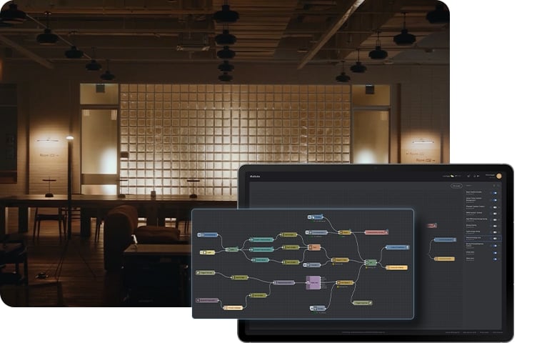 대형 회의실 사진 위에 SmartThings Pro 태블릿 화면. 노드를 선으로 연결한 Node-RED 방식의 자동화 흐름 편집 화면이 보인다.