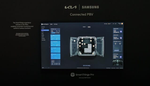 기아와 삼성의 Connected PBV 전시 화면. SmartThings Pro 화면 가운데에 기아 PV5 차량 내부가 공간 뷰로 표시되고 기기 위치가 핀으로 표시되어 있다.