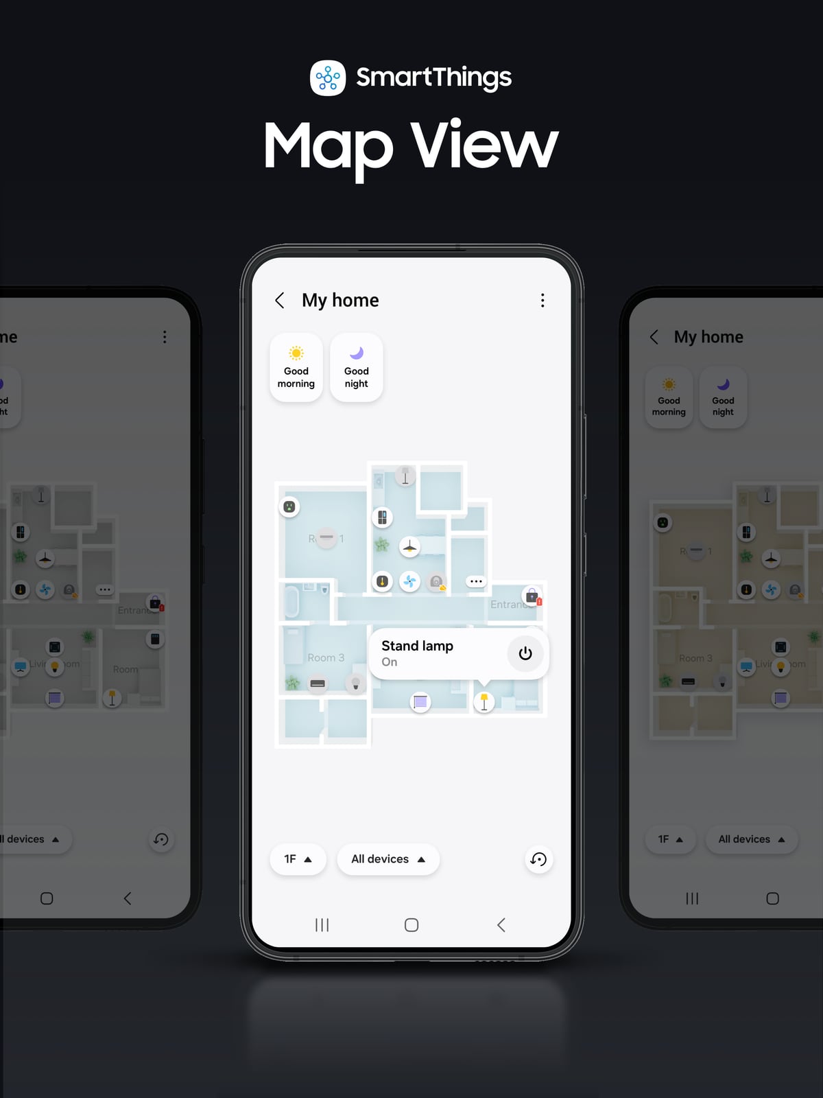 SmartThings Map View 키 비주얼. 스마트폰 화면에 집 구조 도면이 표시되고, 방마다 조명·에어컨 등 기기 아이콘과 'Stand lamp On' 제어 팝업이 떠 있다.